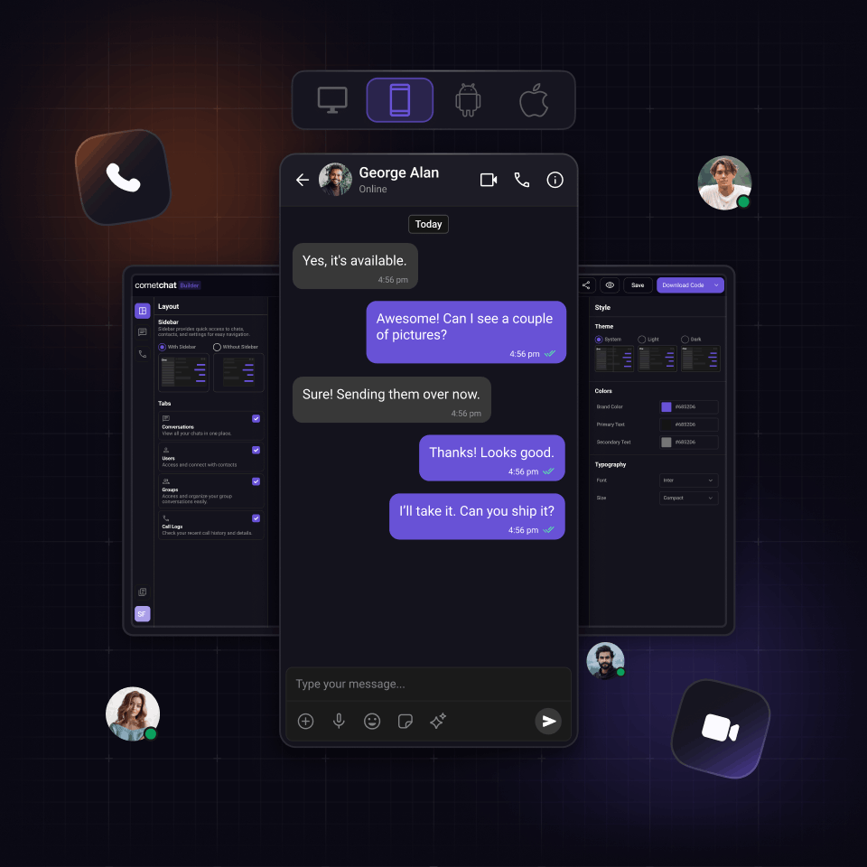CometChat Visual Builder dashboard with chat UI customization options and real-time interface preview.